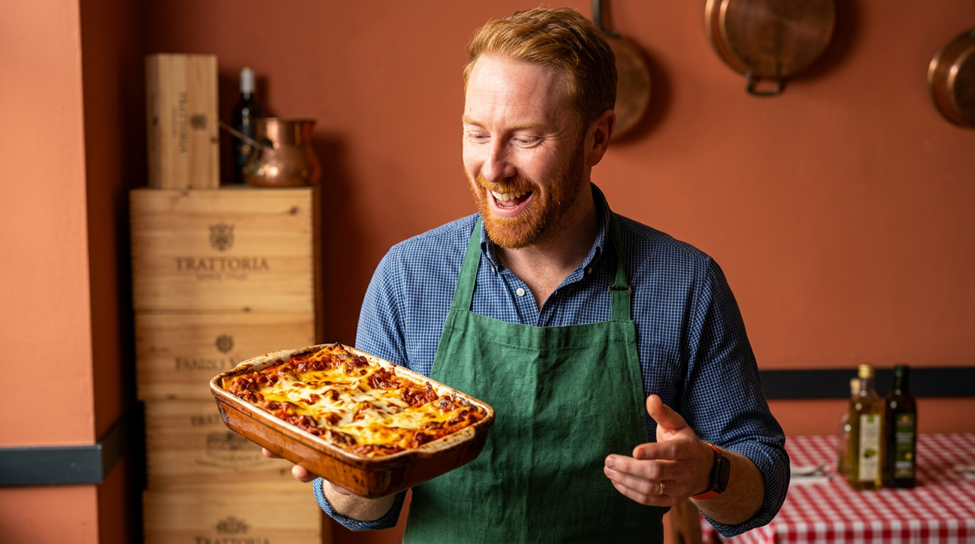 Chris Goodall cooking Classic Beef and Pork Lasagne al Forno