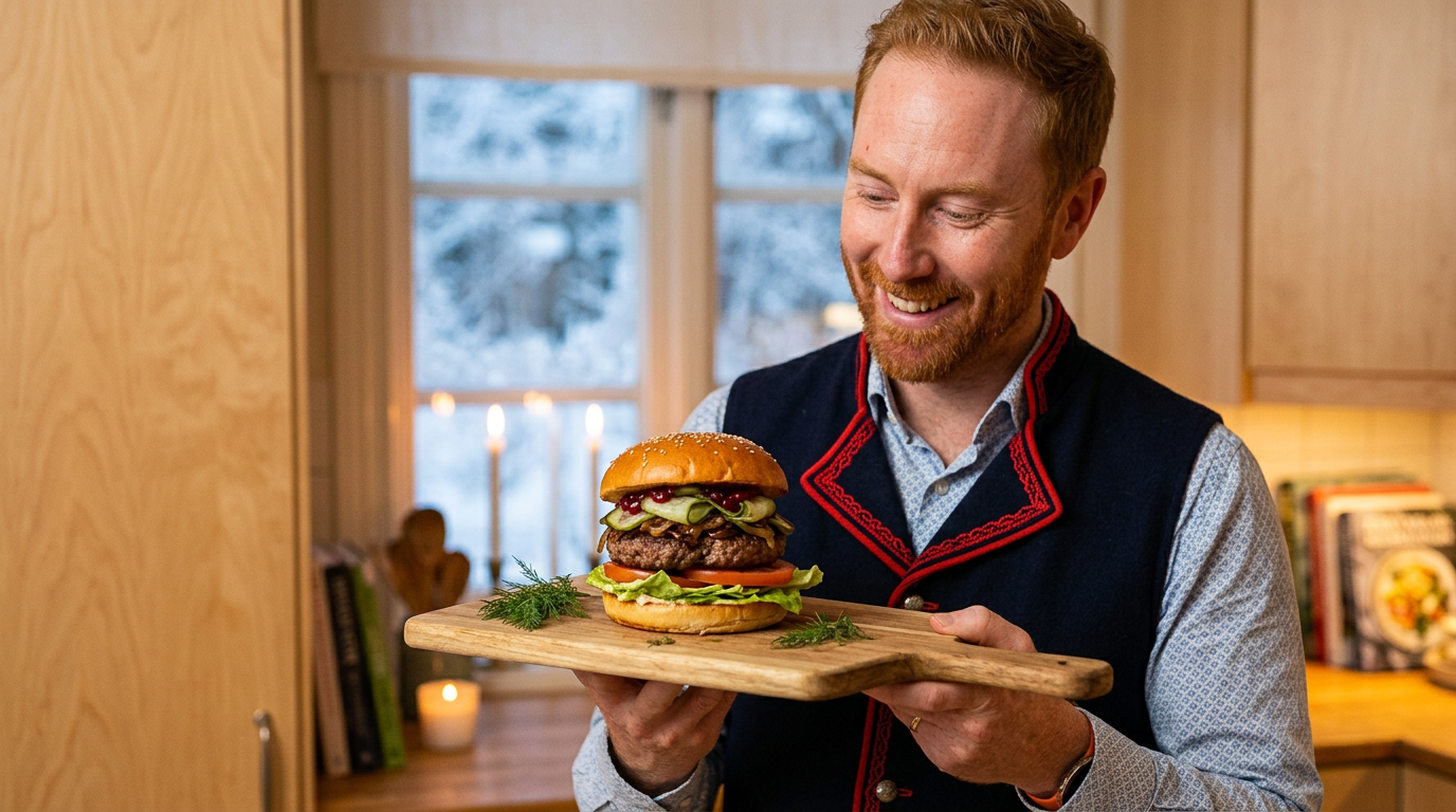 Chris Goodall cooking Swedish Klassisk Hamburgare with Pickled Cucumber and Lingonberry Ketchup