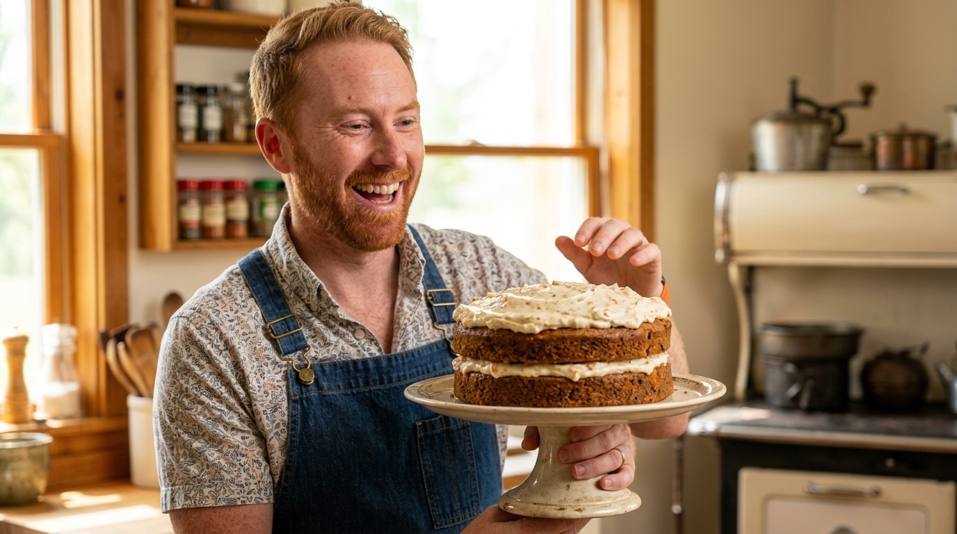 Chris Goodall cooking Classic Carrot Cake with Cream Cheese Frosting