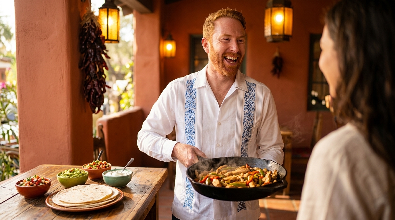 Chris Goodall cooking Tex-Mex Chicken Fajitas with Charred Peppers and Flour Tortillas